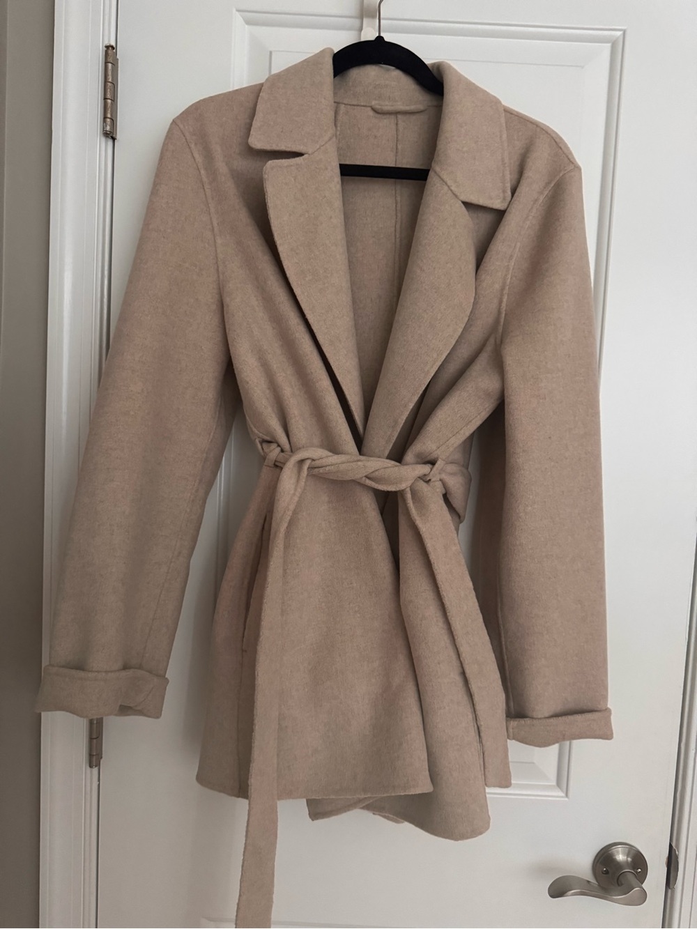 Womens Tie-Waist Wool-Blend Coat Jacket - Beige